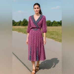 VNTG 80s Susan Freis satin multicolor floral faux wrap elastic ruffle‎ dress M